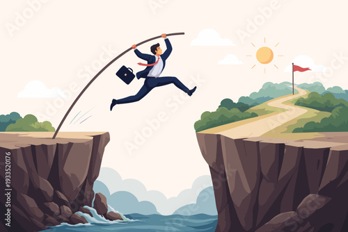 Businessman in suit pole vaulting over a deep cliff gap to reach a goal path with a red flag, overcoming business obstacles, crisis management, challenge, risk-taking, and career success concept.