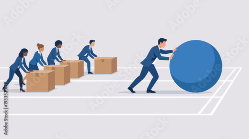 Businessman Pushing a Large Blue Sphere Leading the Race Against a Group of Slower Business People Pushing Heavy Square Boxes, Concept of Innovation, Efficiency, and Competitive Advantage in Work