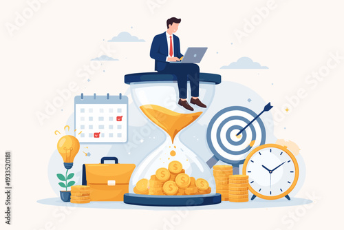 Businessman Sitting on Large Hourglass Using Laptop, Converting Time into Money with Gold Coins, Calendar, Clock, Target, and Lightbulb Icons, Concept of Time Management and Business Productivity.