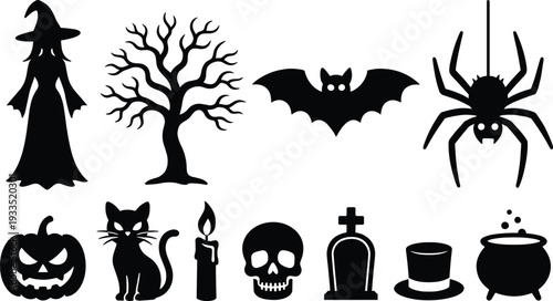 Halloween spooky silhouette icon set featuring witch, bat, spider, pumpkin, skull, grave, tree, candle, cat, and cauldron isolated on white background