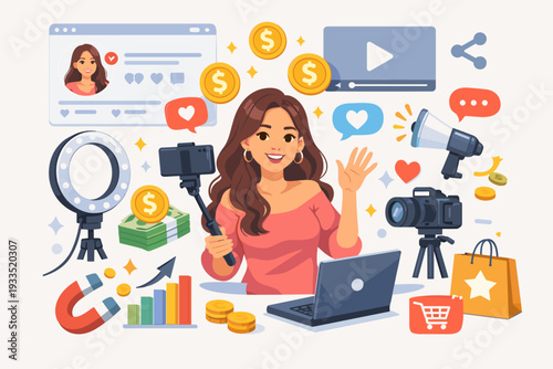 Social Media Influencer and Content Creator Woman with Professional Equipment, Ring Light, Camera, and Laptop. Monetization, Digital Marketing, Online Business, and Celebrity Lifestyle Vector.
