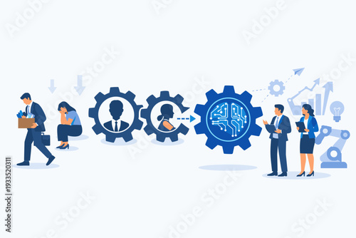 Business Transformation Concept Showing AI Replacing Human Employees with Automation and Technology Innovation Leading to Corporate Growth While Causing Job Loss, Layoffs, and Unemployment