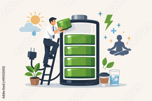 Businessman Recharging Large Battery for Energy Recovery and Mental Health Concept. Illustration of Fighting Burnout at Work with Meditation, Hydration, and Rest for Better Productivity and Wellness