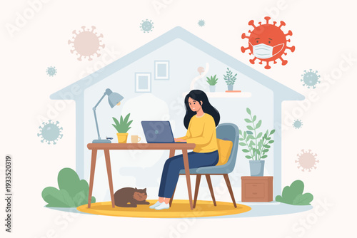 Woman working from home on laptop at desk with cat and plants during COVID-19 pandemic. Flat vector illustration of remote work, home office, and social distancing to stay safe from viruses.