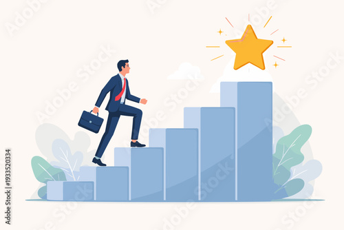 Businessman in a suit climbing a staircase made of blue blocks towards a glowing gold star, representing career development, achievement, goal setting, professional success, and ambition concept.