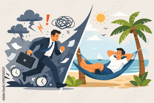 Stress management and relaxation to reduce anxiety concept, businessman escaping from work pressure, deadlines, and chaos to a peaceful tropical beach vacation in a hammock, mental health.