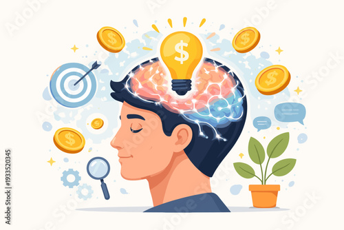 Creative Business Idea Concept with Man Profile and Brain Lightbulb for Making Money. Smart Thinking, Financial Growth, Strategy, Innovation, and Emotional Intelligence Vector Illustration.