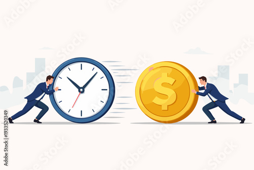 Businessmen pushing a giant clock and a gold dollar coin together, illustrating the concept of time is money, productivity, financial investment, deadline management, and corporate competition.