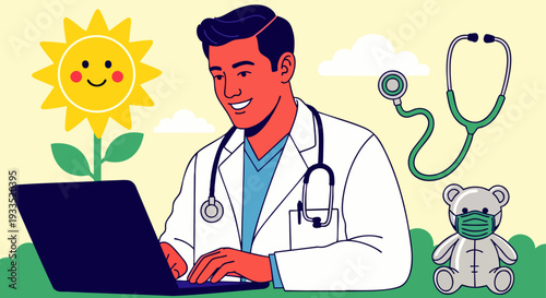 Smiling doctor in lab coat uses laptop for telehealth, with a happy sunflower, stethoscope, and masked teddy bear, symbolizing health, nature, and care.