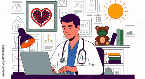 Dedicated male doctor working on laptop, providing online consultation or telemedicine services from home office. Healthcare professional using technology for remote patient care.