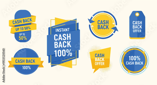Collection of Cash Back Badges Labels and Tags in Blue and Yellow Colors