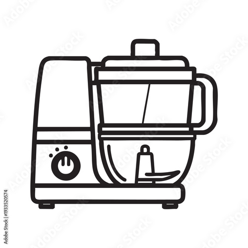 Simple line illustration of a food processor on a simple background viewed from the front