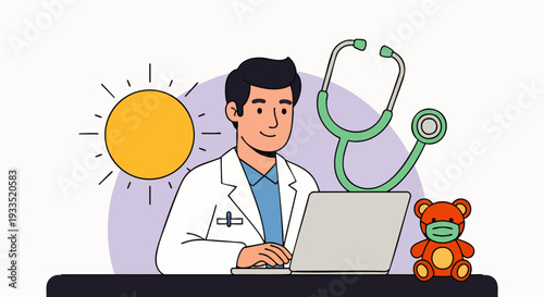 Male doctor providing online medical consultation via laptop, with stethoscope, sun, and masked teddy bear, representing modern telehealth.