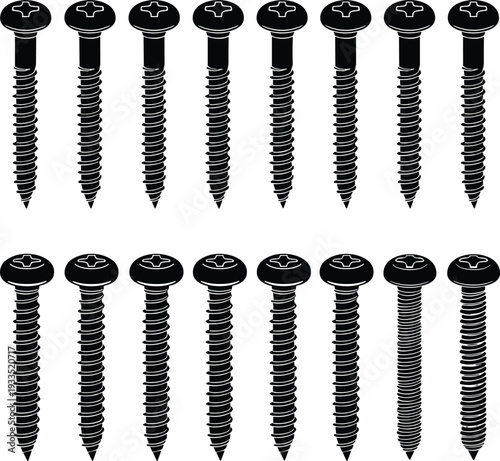 Industrial screw silhouette set featuring metal fasteners hardware elements for construction repair and engineering isolated on white background vector illustration industrial design graphics