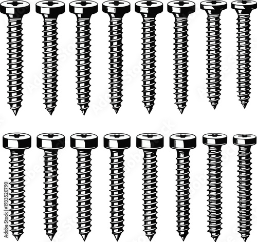 Detailed screw silhouette icon set featuring metal fasteners for construction engineering repair and industrial hardware isolated on white background vector illustration