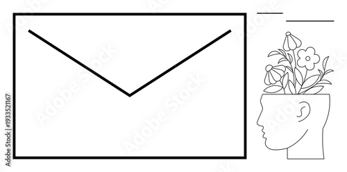 Minimalist design with envelope symbolizing communication and a head filled with blooming flowers representing creativity, growth, and innovation. Ideal for education, inspiration, mental health