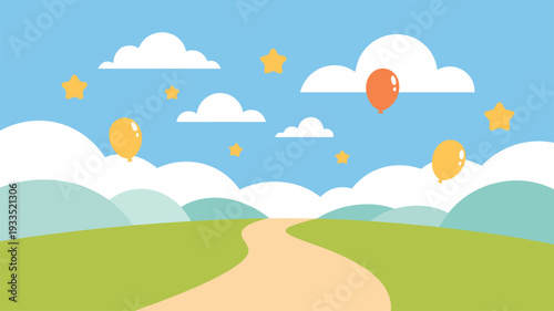 Winding road hills balloons stars