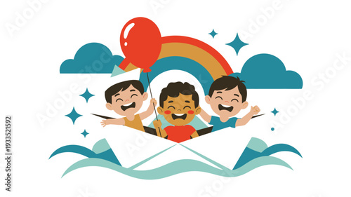 Boys boat adventure balloon rainbow