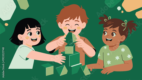 Cartoon kids playing building blocks