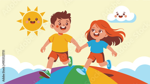 Cartoon Kids Running Rainbow Path