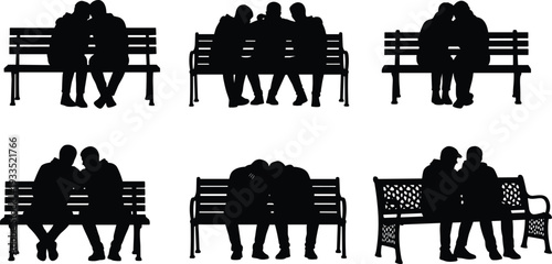 Couple and family silhouettes sitting on park benches showing love, affection, friendship, and togetherness isolated on white background