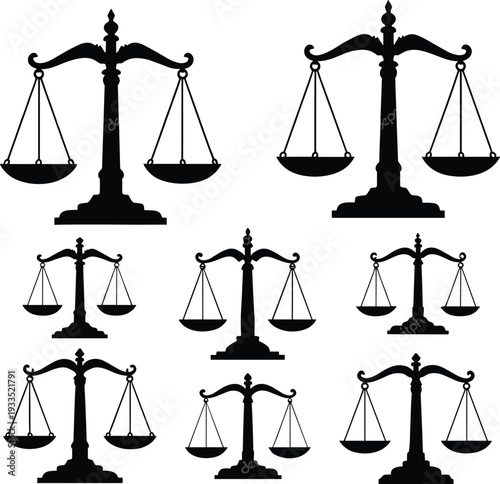 Set of black justice scale silhouettes in multiple styles isolated on white background, legal balance symbols for law, court, equality, fairness, judiciary vector illustration collection