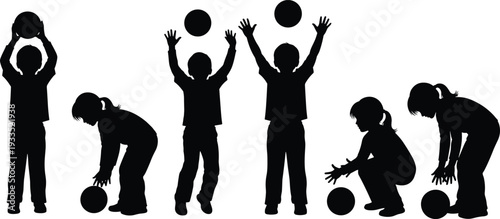 Children playing with ball silhouettes showing throwing catching and bending poses isolated on white background, active kids movement, sport play concept illustration