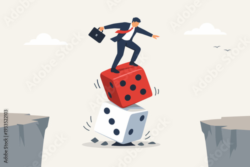 Businessman in Suit Balancing on Unstable Stacked Dice Between Two Cliffs, Concept of Business Risk, Luck, Gambling, Financial Uncertainty, and Strategic Decision Making, Flat Vector Illustration