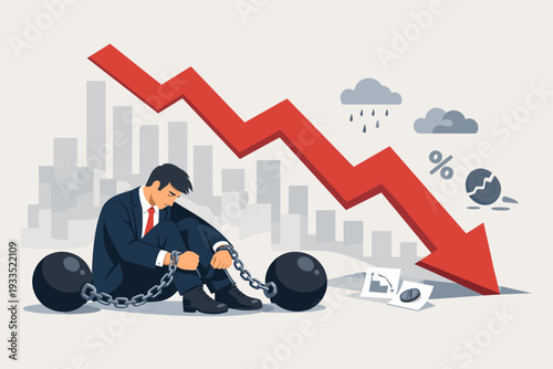 Depressed Businessman Chained to Heavy Weights Sitting Under a Falling Red Arrow Graph Representing Economic Recession, Financial Crisis, Market Crash, Debt Burden, and Business Failure Concept