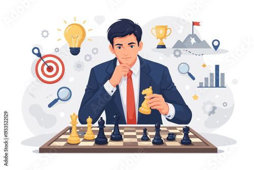 Businessman Playing Chess for Strategic Planning and Tactic Development for Long-Term Business Success, Visionary Leader Analyzing Market with Goal, Idea, and Achievement Icons Vector Illustration