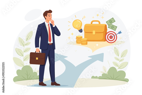 Professional businessman standing at a crossroad making a career decision thinking about a new job offer opportunity with money target and lightbulb idea symbols vector illustration concept.