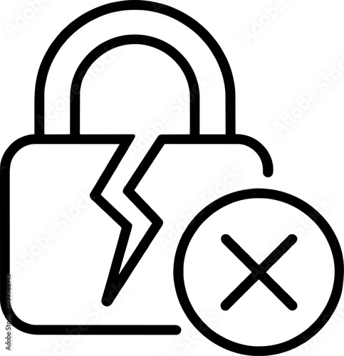 Broken Padlock with Cross Symbol Minimal Line Art Illustration - Security Error Minimalist Icon