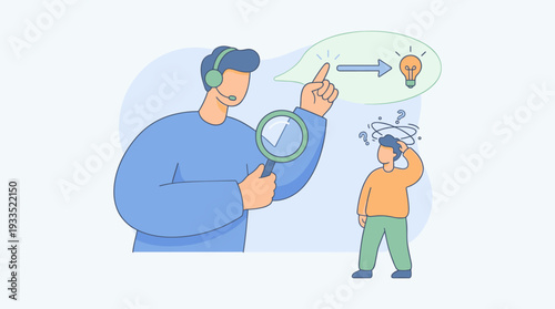 Professional Coaching and Mentoring Concept Illustration with a Guide Helping a Confused Person Find a Solution and Creative Ideas. Mentor with Magnifying Glass Providing Support and Guidance.
