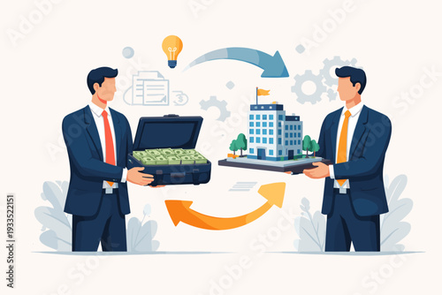 Business Acquisition and Corporate Buyout Concept Illustration. Two Professional Businessmen Exchanging a Briefcase Full of Cash for a Building Model. Mergers, Investment, and Company Asset Transfer.