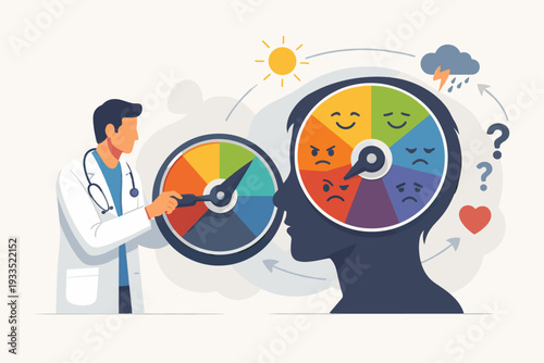 Doctor adjusting a mindset dial to improve mental health, representing cognitive behavioral therapy, emotional regulation, psychology, mood management, and positive thinking development concept.