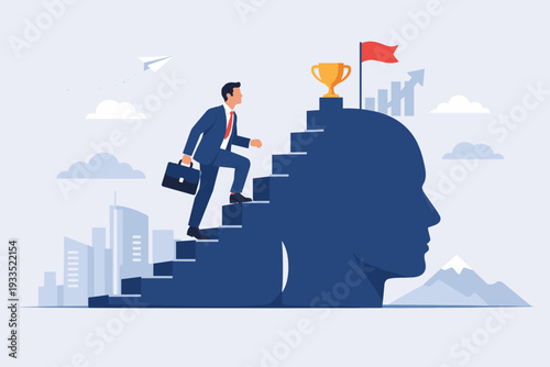 Businessman climbing stairs on a human head profile to reach a trophy and flag, representing career growth, personal development, success mindset, professional ambition, and corporate achievement.
