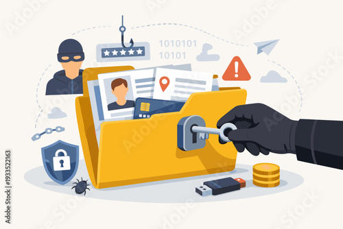 Cybercrime and Data Theft Concept Illustration with Hacker Stealing Personal Information, Credit Card Details, and Identity from a Locked Folder using a Key, Phishing, Malware, and Hacking.