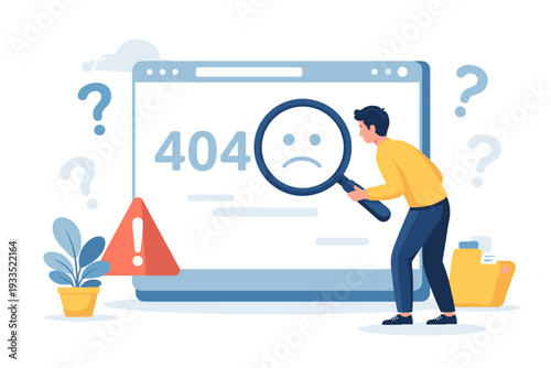 404 Error Page Not Found Concept with Man Looking Through Magnifying Glass at Website Message, Broken Link, Technical Problem, Internet Connection Issue, Web Design, Flat Vector Illustration Art.