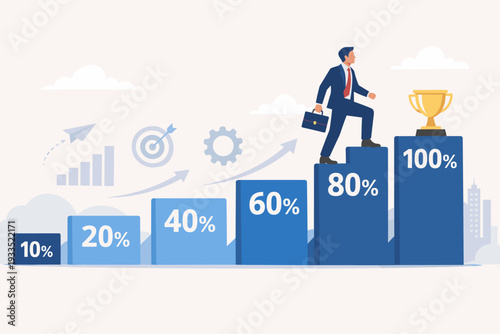 Businessman in suit climbing bar chart steps with percentage rates to reach a golden trophy, representing career growth, success, progress, and achievement in corporate business development.