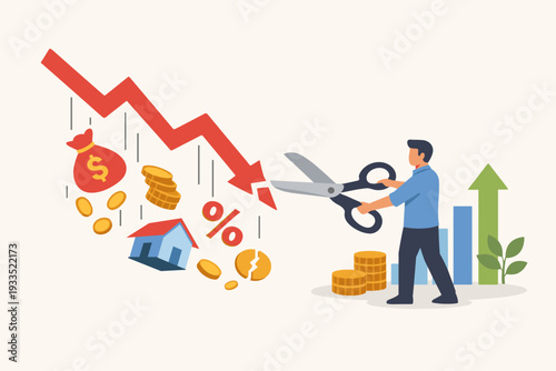 Cut Loss Concept with Man Using Scissors to Stop Falling Red Arrow and Market Volatility, Protecting Assets like Real Estate and Money for Financial Recovery, Growth, and Investment Success.