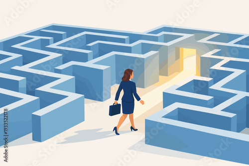 Businesswoman in a suit walking through a complex blue 3D maze towards a bright glowing exit, representing finding a solution to a difficult problem, career path navigation, and business success.
