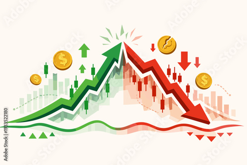 Financial stock market volatility concept with rising green bull arrow and falling red bear arrow, candlestick charts, and gold dollar coins representing economic growth, crash, and crypto trading.