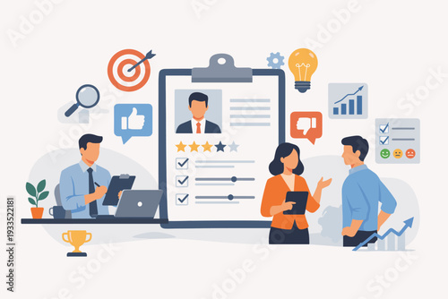 Employee performance evaluation and appraisal concept with HR managers assessing staff rating. Human resources assessment for feedback, career growth, and professional development illustration.