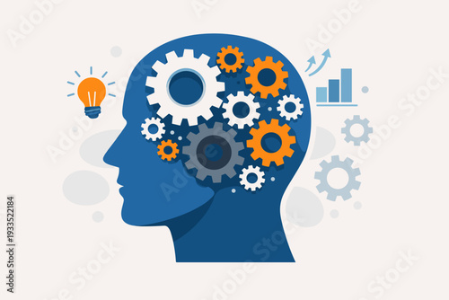 Profile of a human head with colorful gears inside, representing cognitive process, mental health, productivity, business strategy, innovation, brainstorming and knowledge development concept