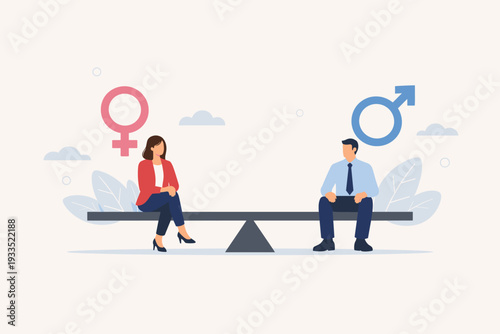 Gender equality and equal treatment in society and business concept with a man and a woman sitting on a balanced seesaw with male and female symbols representing human rights and justice.