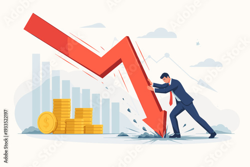Businessman Trying to Stop a Falling Red Arrow Representing Economic Crisis, Financial Recession, and Stock Market Crash, Concept of Investment Loss, Inflation, and Global Market Volatility.