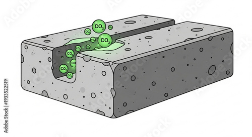 Concrete block with co2 molecules escaping through a hole illustrating carbon dioxide emission from building materials