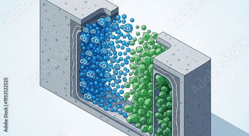 3d illustration of blue and green particles flowing through a concrete channel industrial concept with textured surface and separated