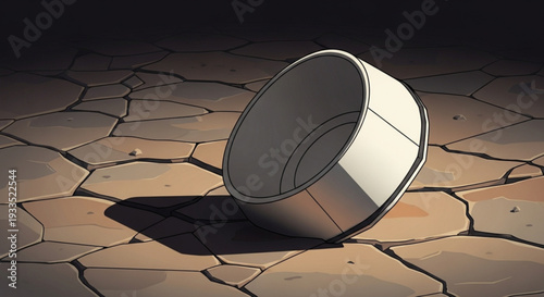 Empty metallic bowl on cracked dry earth with dramatic lighting and shadow