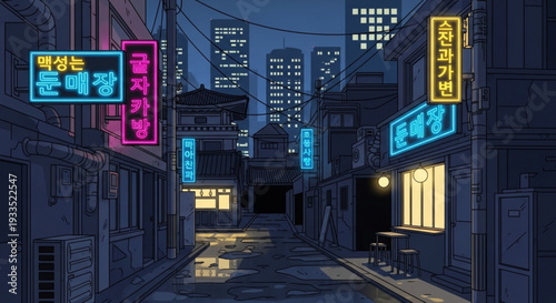 Neon signs illuminate a dark city street at night with tall buildings and a vibrant atmosphere in an urban setting